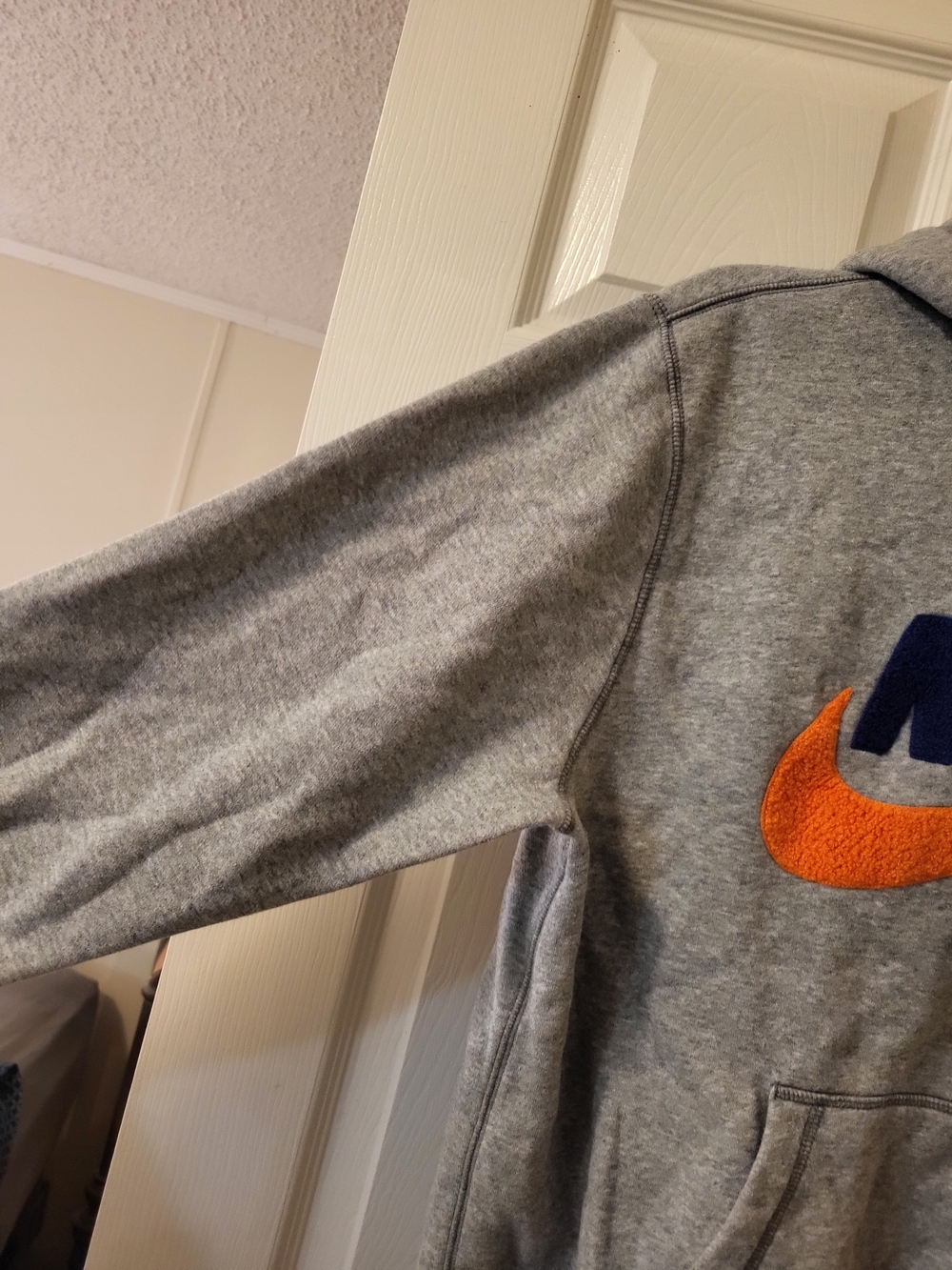 Mens Used Nike Gray Hoodie with Orange Swoosh and Navy Logo - Picture 4 of 5